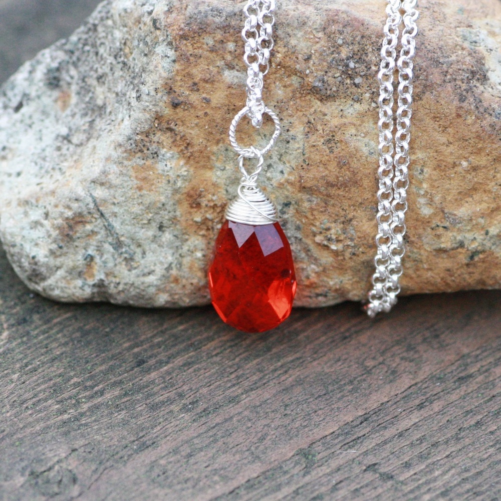 Wire Wrapped Briolette Fire Opal Pendant Sterling Silver, October Birthstone